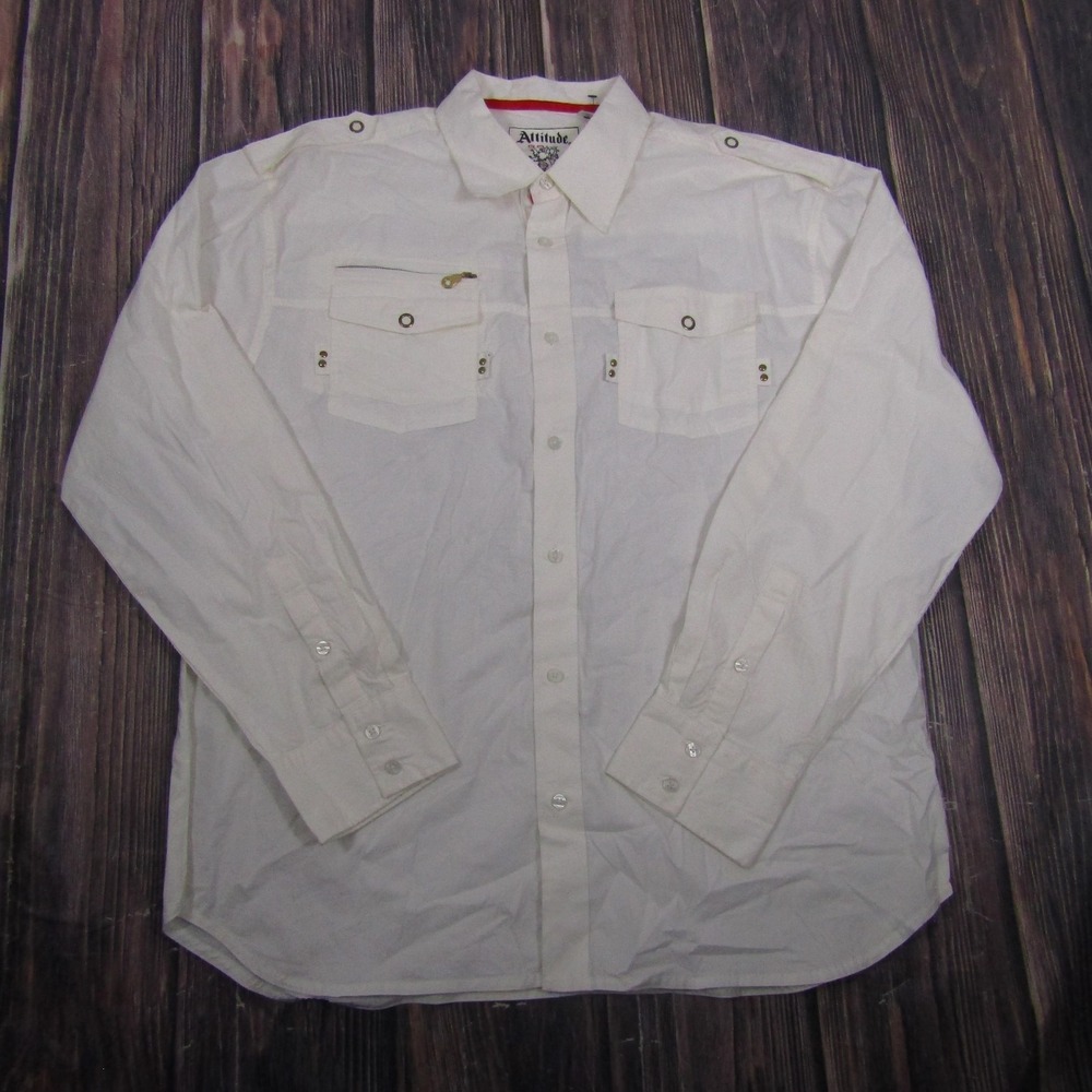 Attitude Shirt Mens 2XL White Cross Graphic Embroidered Long Sleeve Button Up‎